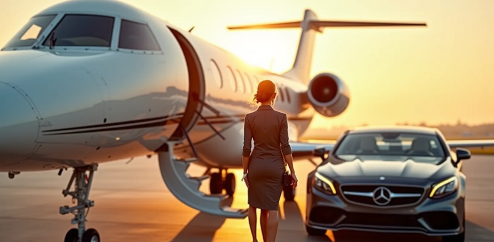 Private jet with luxury transfer and stewardess greeting